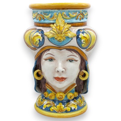 Coppia di Teste di Moro Caltagirone h 30 / 31 cm ca. decoro barocco e applicazioni - 