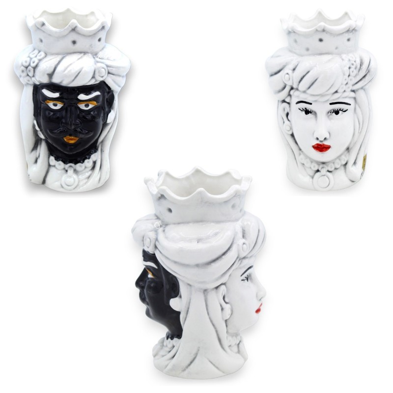 Giano Bifronte testa con due volti in ceramica Caltagirone h 13 / 14 cm ca. corona e turbante - 