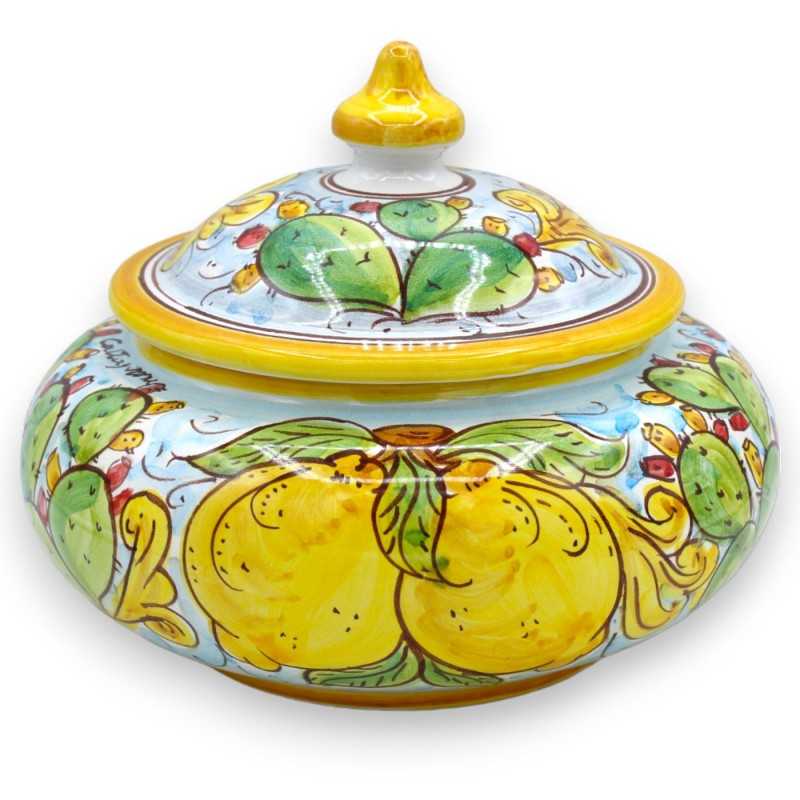 Biscottiera in ceramica Caltagirone - Ø 20 cm ca. decoro limoni e pale di ficodindia - 