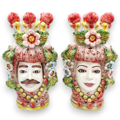 Moorkopf Caltagirone H ca. 30 cm (1 Stück) Mit Mann- oder Frauenoption, Krone und Blumen auf rotem Hintergrund - 