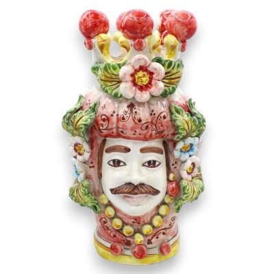 Tête de Maure Caltagirone h environ 30 cm (1pc) Avec Option Homme ou Femme, Couronne et Fleurs sur fond rouge - 