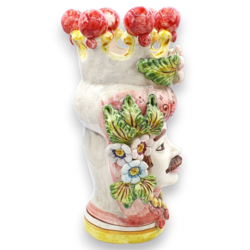 Tête de Maure Caltagirone h environ 30 cm (1pc) Avec Option Homme ou Femme, Couronne et Fleurs sur fond rouge - 