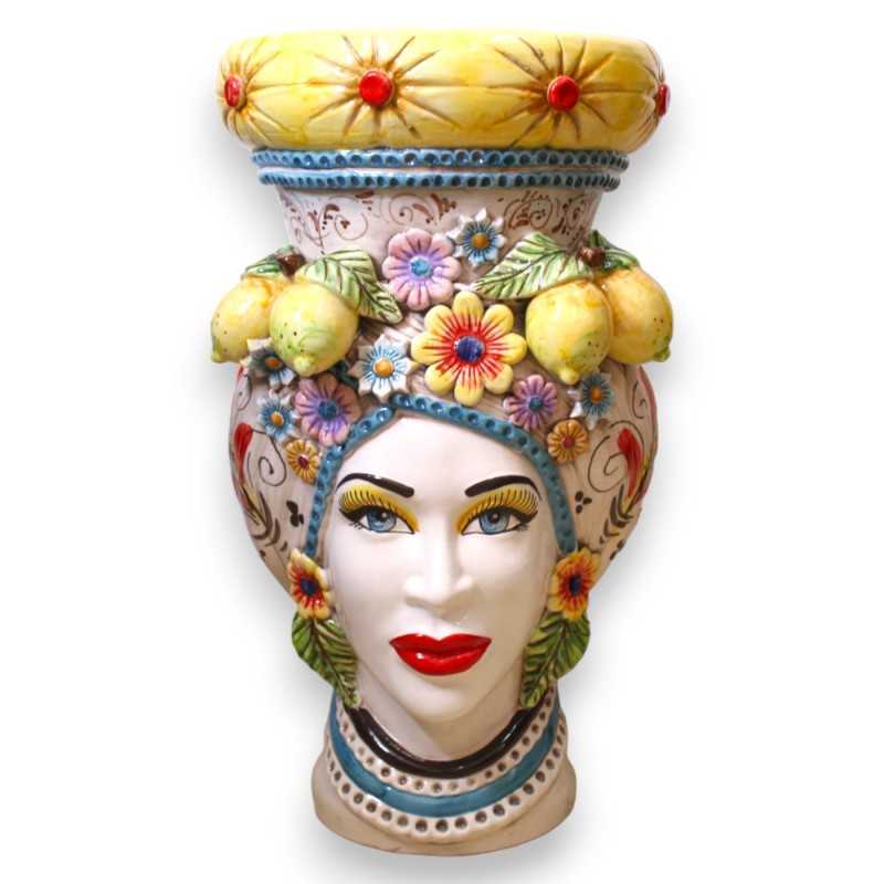 Pouf Testa di Moro Caltagirone Femme - h 55 cm environ. Avec applications de citrons et fleurs, décor rouge XVIIème sièc