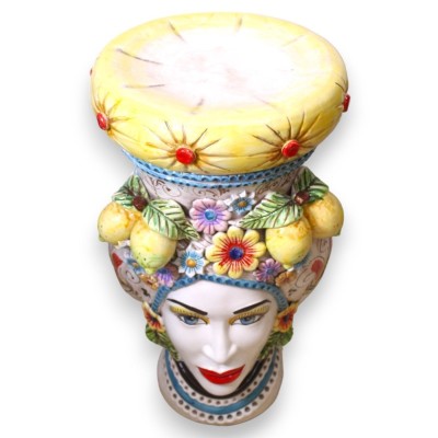 Pouf Testa di Moro Caltagirone Femme - h 55 cm environ. Avec applications de citrons et fleurs, décor rouge XVIIème sièc