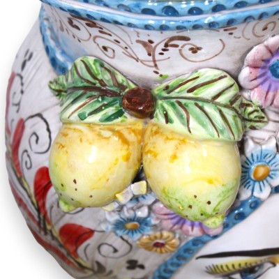 Pouf Testa di Moro Caltagirone Femme - h 55 cm environ. Avec applications de citrons et fleurs, décor rouge XVIIème sièc