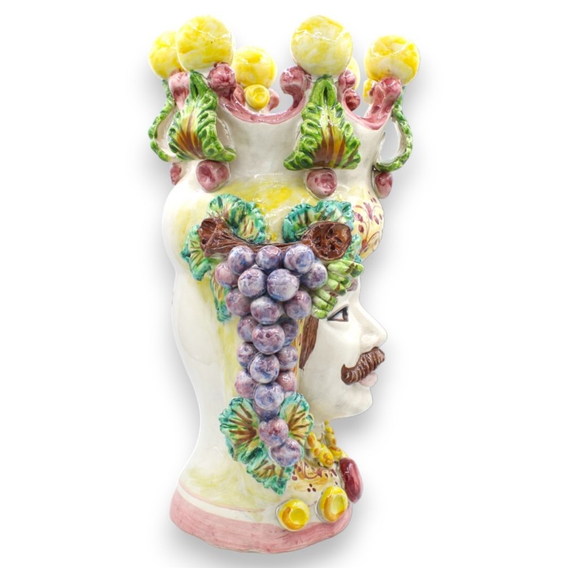 Coppia di Teste di Moro Caltagirone h 40 cm ca. Con Applicazioni di Uva e Foglie - 