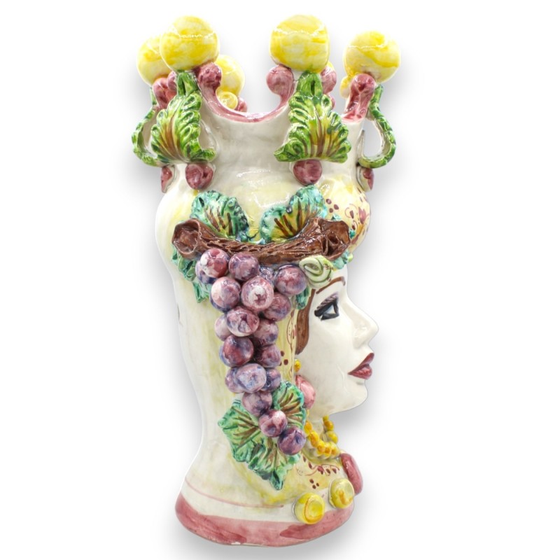 Coppia di Teste di Moro Caltagirone h 40 cm ca. Con Applicazioni di Uva e Foglie - 