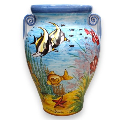 Grand porte-parapluie avec poignées - h 50 et Ø 35 cm environ. décoré d'une scène marine - 