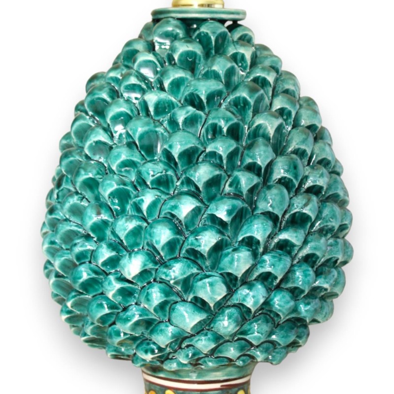 Caltagirone ceramic pine cone lamp H 55 cm approx. Green Copper stem with baroque decoration - 