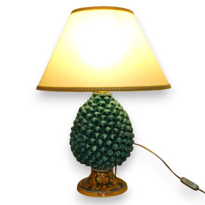 Caltagirone ceramic pine cone lamp H 55 cm approx. Green Copper stem with baroque decoration - 