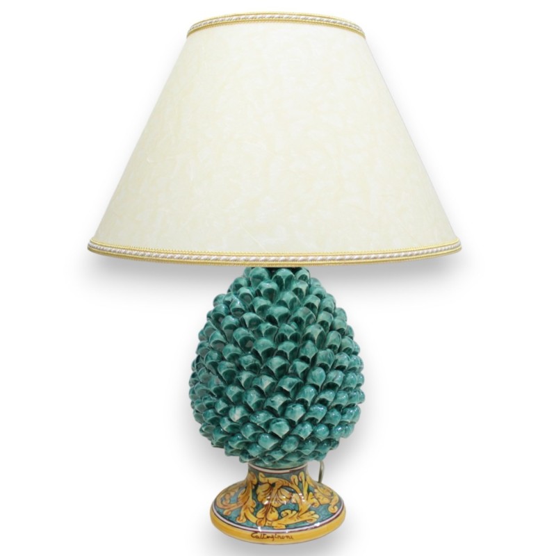 Lámpara de piña de cerámica Caltagirone Al. 55 cm aprox. Tallo de cobre verde con decoración barroca. - 