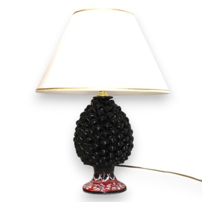 Ceramiczna lampa w kształcie szyszki Caltagirone h ok. 50 cm. Czarna łodyga z białą barokową dekoracją na czerwonym tle 