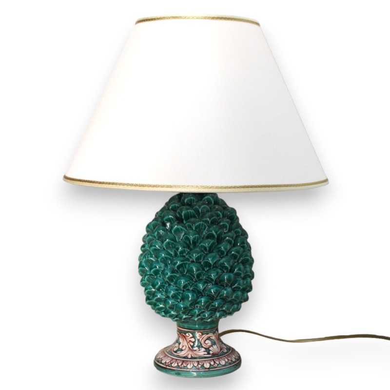 Caltagirone keramisk furulampa H 50 cm ca. Grön kopparstam med vit barockdekor och palmetter - 