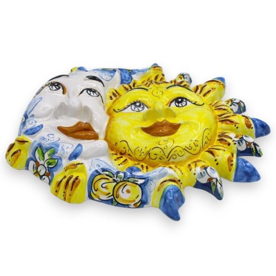 Sonnenfinsternis, Sonne und Mond aus Caltagirone-Keramik – H ca. 30 x 30 cm. mit Zitronen- und Blumendekor auf blauem Hi