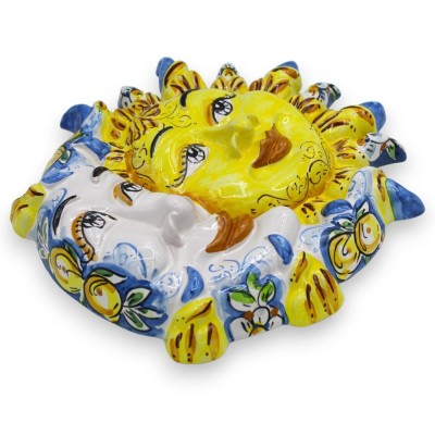 Eclissi, Sole e Luna in ceramica Caltagirone - h 30 x 30 cm ca. con decoro limoni e fiore su fondo Blu - 