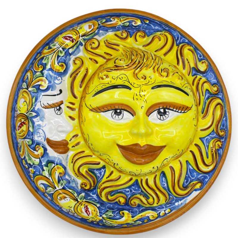 Eclipse, Soleil et Lune en céramique de Caltagirone - Ø environ 40 cm à décor de Citrons et Grenades sur fond bleu - 
