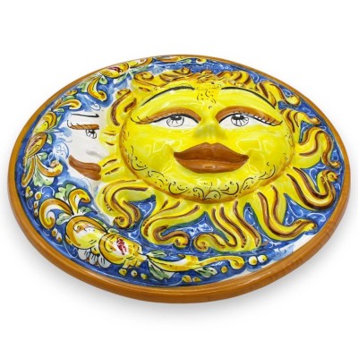 Sonnenfinsternis, Sonne und Mond aus Caltagirone-Keramik – Ø ca. 40 cm mit Zitronen- und Granatapfeldekoration auf blaue
