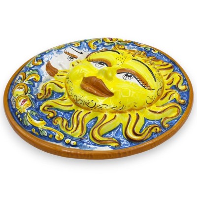 Eclipse, Soleil et Lune en céramique de Caltagirone - Ø environ 40 cm à décor de Citrons et Grenades sur fond bleu - 