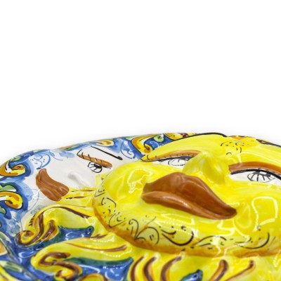 Sonnenfinsternis, Sonne und Mond aus Caltagirone-Keramik – Ø ca. 40 cm mit Zitronen- und Granatapfeldekoration auf blaue