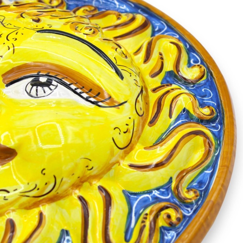 Sonnenfinsternis, Sonne und Mond aus Caltagirone-Keramik – Ø ca. 40 cm mit Zitronen- und Granatapfeldekoration auf blaue
