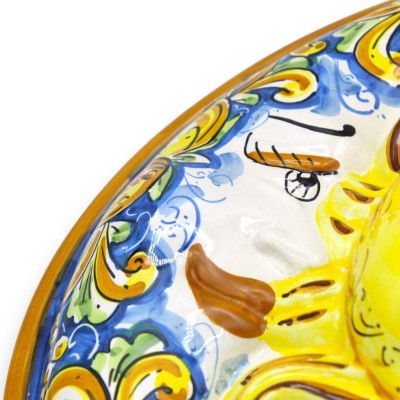 Sonnenfinsternis, Sonne und Mond aus Caltagirone-Keramik – Ø ca. 40 cm mit Zitronen- und Granatapfeldekoration auf blaue