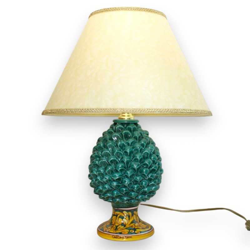 Caltagirone ceramic pine cone lamp H 50 cm approx. Verdigris stem with classic baroque decoration on a green background 