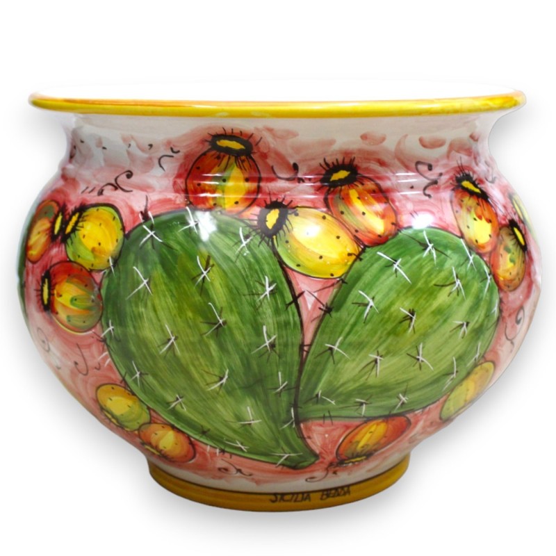 Cachepot Macetero de cerámica siciliana, decoración de tuna pálida sobre fondo rosa - con 5 opciones de tamaño (1ud) - 