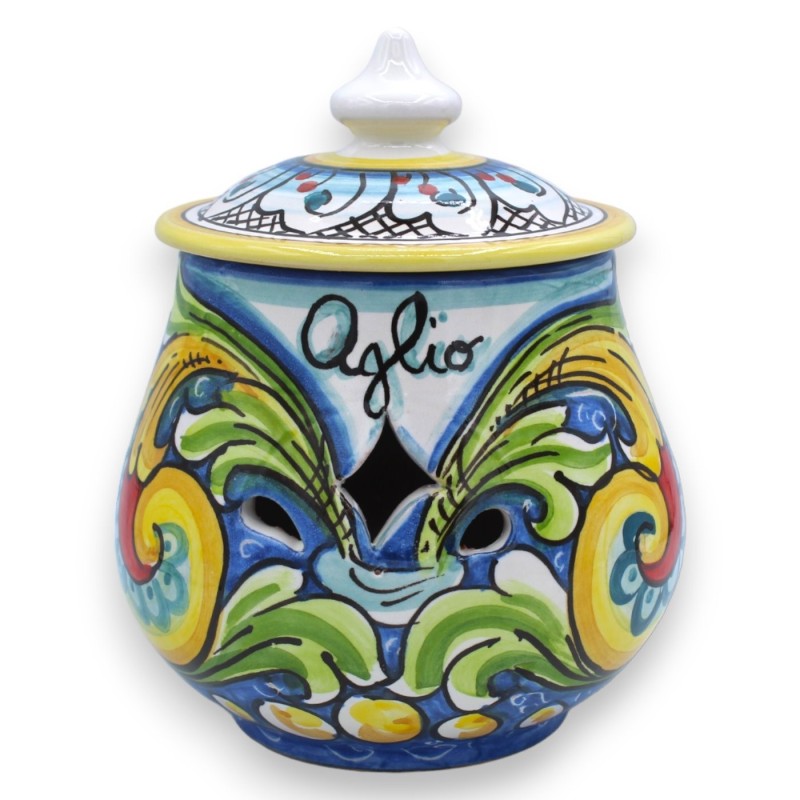Ceramiczny uchwyt na czosnek lub cebulę Caltagirone - h 18 i Ø ok. 15 cm. wielobarwna dekoracja barokowa MD1 - 