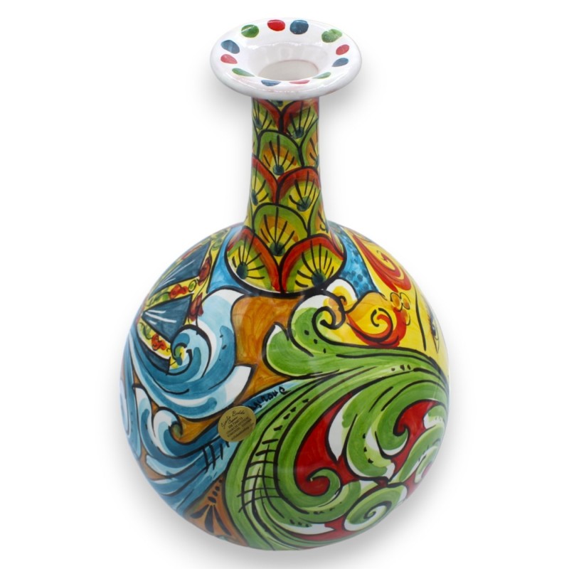 Jarrón Ampolla de cerámica Caltagirone - h 30 cm aprox. Decoración barroca, cola de pavo real, sol y tuna. - 