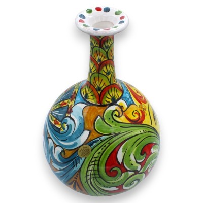Vaso Ampolla in ceramica Caltagirone - h 30 cm ca. decoro Barocco, coda di pavone, sole e ficodindia - 