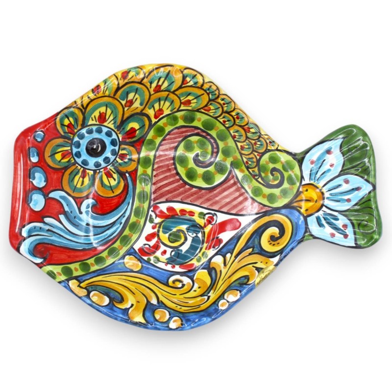 Fiskbricka, serveringsfat, Caltagirone keramik, L 26 x 19 cm ca., flerfärgad barockdekoration - 