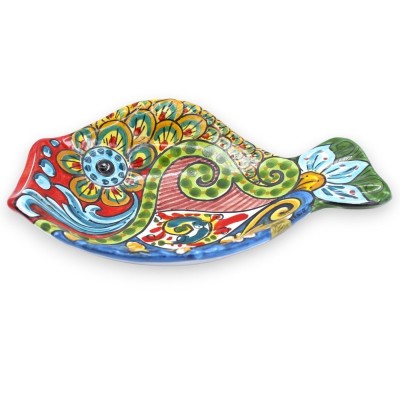 Fiskbricka, serveringsfat, Caltagirone keramik, L 26 x 19 cm ca., flerfärgad barockdekoration - 