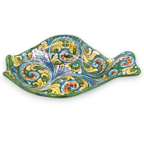 Taca ceramiczna do ryb Caltagirone, talerz do serwowania, ok. 40 x 30 cm, wielobarwna dekoracja barokowa, zielone tło -  2
