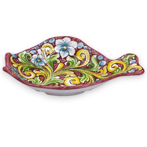 Flaches Fisch-Serviertablett aus Caltagirone-Keramik, L 40 x 30 cm ca. Mehrfarbige Barockdekoration, burgunderroter Hint 2