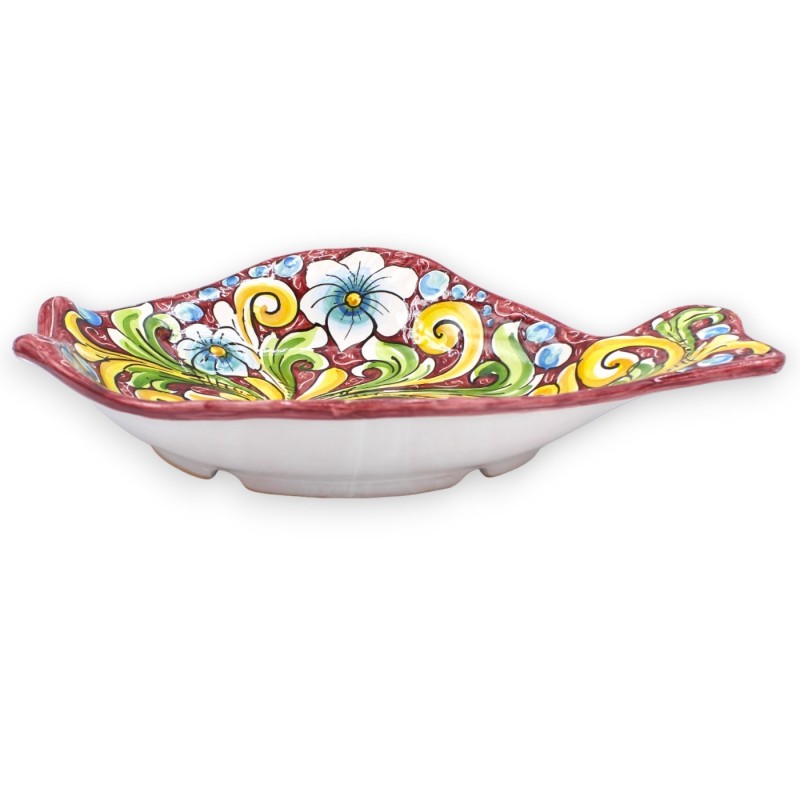 Flaches Fisch-Serviertablett aus Caltagirone-Keramik, L 40 x 30 cm ca. Mehrfarbige Barockdekoration, burgunderroter Hint