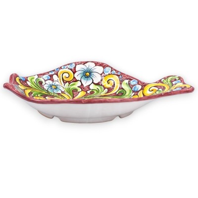 Flaches Fisch-Serviertablett aus Caltagirone-Keramik, L 40 x 30 cm ca. Mehrfarbige Barockdekoration, burgunderroter Hint