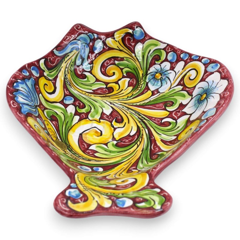 Flaches Fisch-Serviertablett aus Caltagirone-Keramik, L 40 x 30 cm ca. Mehrfarbige Barockdekoration, burgunderroter Hint