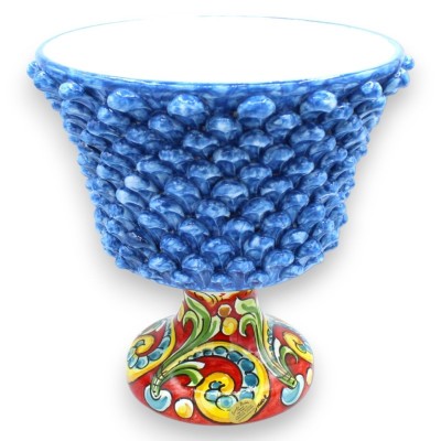 Kielich ceramiczny w kształcie półszyszki Caltagirone - h 26 i Ø 26 cm ok. Antyczny błękit, łodyga z wielobarwną barokow