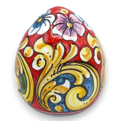 Caltagirone-Keramik-Ei – H ca. 12 cm Bunte und florale Barockdekoration auf rotem Grund -  2