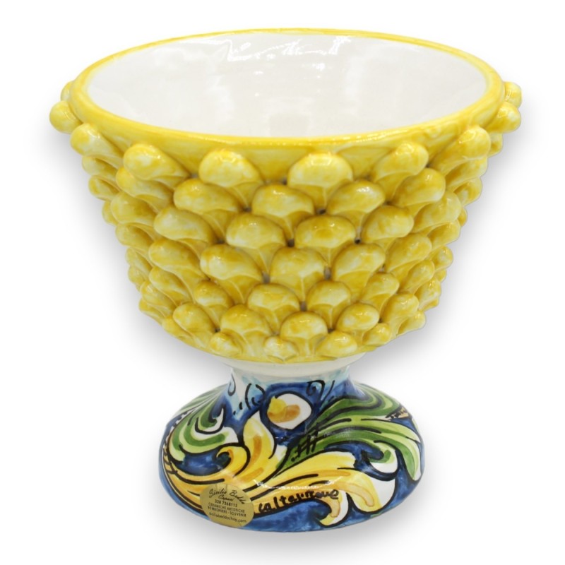 Calice mezza Pigna in ceramica Caltagirone - h 15 e Ø 16 cm ca. Giallo, Gambo decoro Barocco giallo e verde e fondo blu 