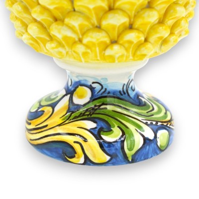 Calice mezza Pigna in ceramica Caltagirone - h 15 e Ø 16 cm ca. Giallo, Gambo decoro Barocco giallo e verde su fondo blu