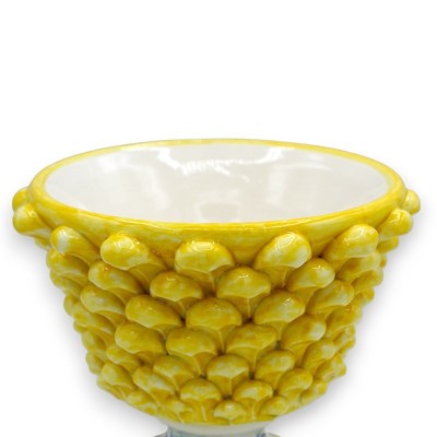 Calice mezza Pigna in ceramica Caltagirone - h 15 e Ø 16 cm ca. Giallo, Gambo decoro Barocco giallo e verde e fondo blu 