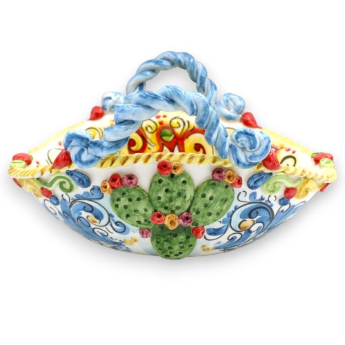Sizilianischer Coffa Caltagirone-Keramikaufsatz – H ca. 18 x 34 cm. mehrfarbige Barockdekoration, Kaktusfeigenapplikatio