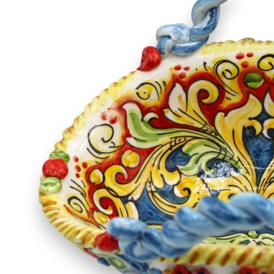 Caltagirone keramiskt mittstycke kaffe - h 18 x 34 cm ca. mångfärgad barockdekoration, applikationer med prickly pear - 