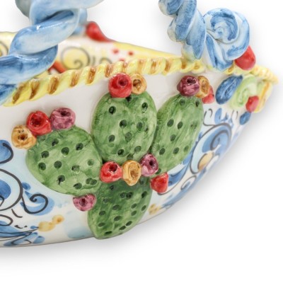 Caltagirone keramiskt mittstycke kaffe - h 18 x 34 cm ca. mångfärgad barockdekoration, applikationer med prickly pear - 