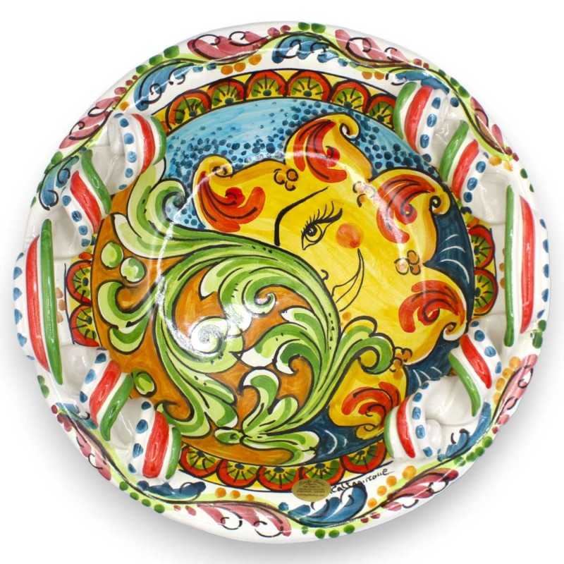 Centrotavola ceramica Caltagirone, Con 2 opzioni misura (1pz) manici torchon decoro barocco multicolore e sole - 