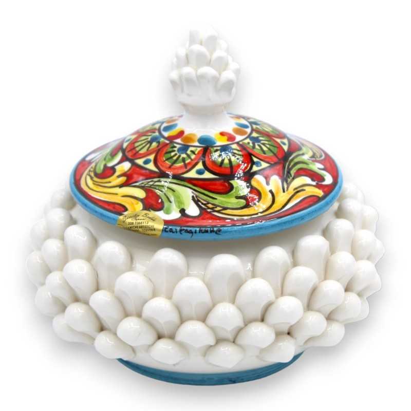 Biscottiera Pigna in ceramica Caltagirone, con 3 opzioni dimensione (1pz) Bianco con decoro barocco multicolore - 