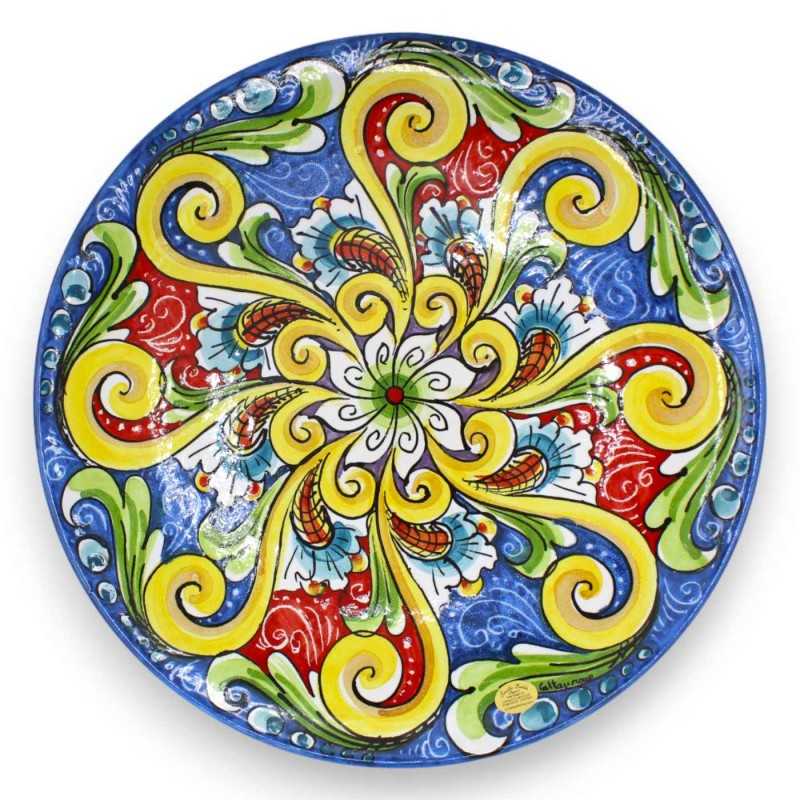 Caltagirone ceramic ornamental plate Ø 37 cm approx. multicolored baroque and floral decoration, on a blue background - 