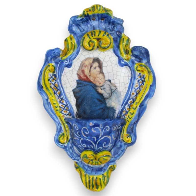 Acquasantiera in ceramica Siciliana - h 23 x L 14 cm ca. Con Maternità ed effetto Craquele su fondo blu MD7 - 