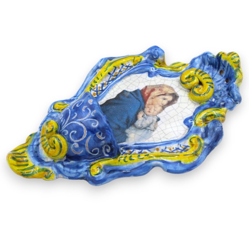 Pila de cerámica siciliana - alto 21 x ancho 14 cm aprox. Con efecto Maternidad y Craquele sobre fondo azul. - 